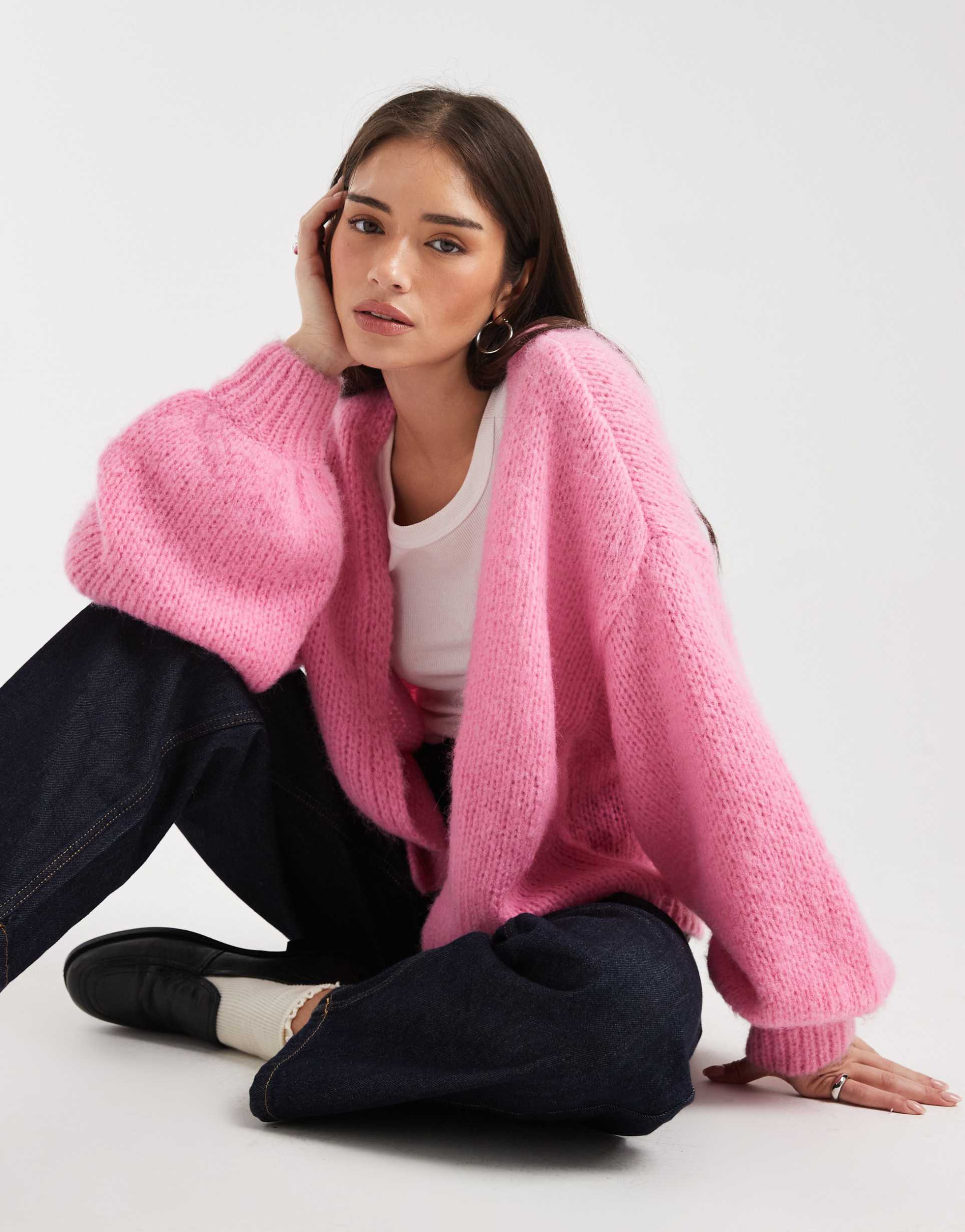 vero moda soft blouson sleeves edge to edge cardigan in cosmos pink