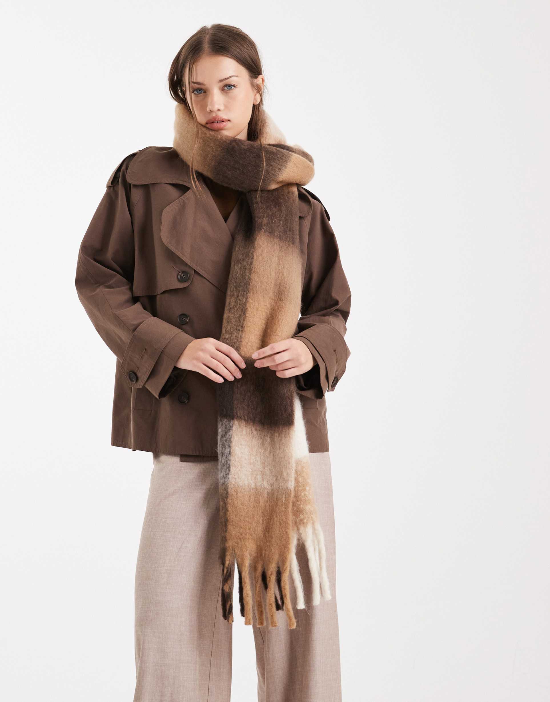 vero moda soft boucle scarf in cream, fossil and charcoal plaid