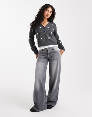 Vero Moda Soft Cropped Cardigan With Polka Dots In Gray
