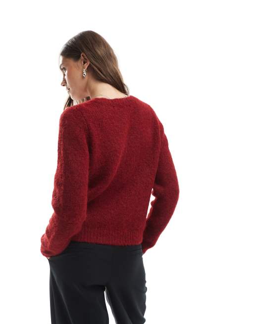 Vero Moda soft fluffy knit o-neck cardigan in burgundy, 3 of 4
