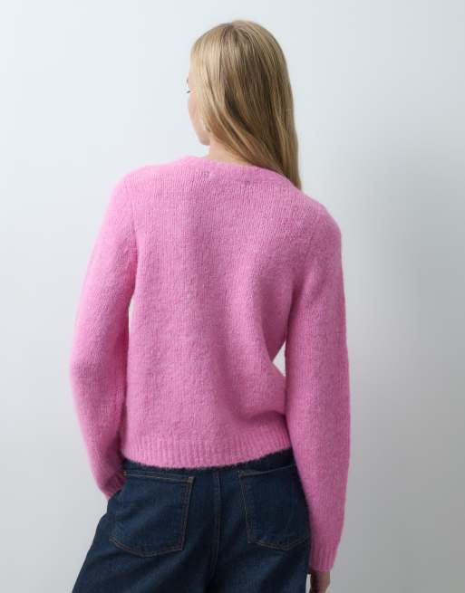 Vero Moda soft fluffy knit o-neck cardigan in pink cosmos, 4 of 4