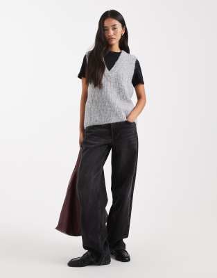Vero Moda Soft Fluffy Knit Ribbed V-neck Tank Top In Gray