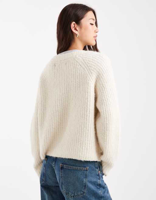 Vero Moda soft fluffy knit v-neck sweater in cream, 4 of 4