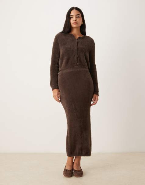 Vero Moda soft fluffy maxi skirt and cardigan set in chocolate brown - view 1