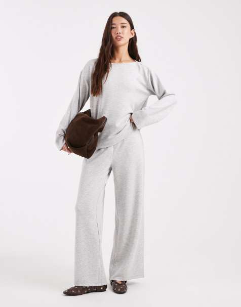Vero Moda soft jersey boat neck sweatshirt and wide leg pants set in gray melange - view 1