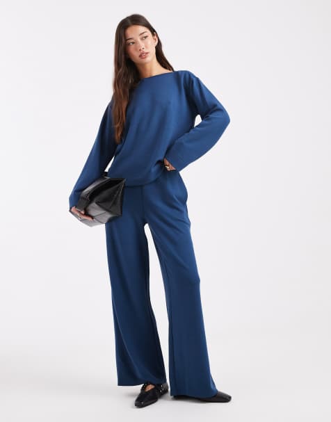 Vero Moda soft jersey boat neck sweatshirt and wide leg trouser set in dark blue - view 1