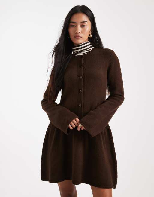 Vero Moda soft knit button front mini dress in chocolate melange, 2 of 4