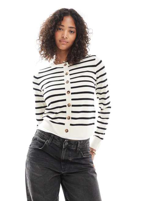 Vero Moda soft knit button up cardigan in cream and black stripes, 4 of 4