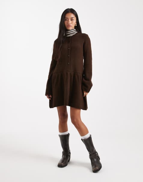 Vero Moda soft knitted button front mini dress in chocolate melange - view 1
