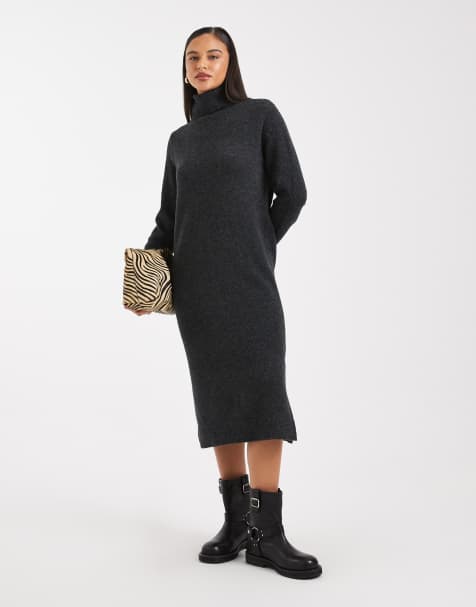 Vero Moda soft knitted roll neck midi dress in dark grey melange