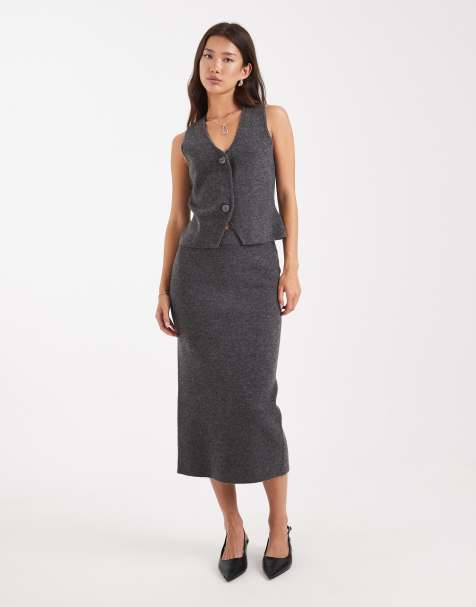 Vero Moda soft knitted waistcoat and midi skirt set in grey melange - view 1