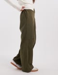 [Vero Moda] Vero Moda soft mini cord wide leg pull on pants in khaki-Green M Grape leaf