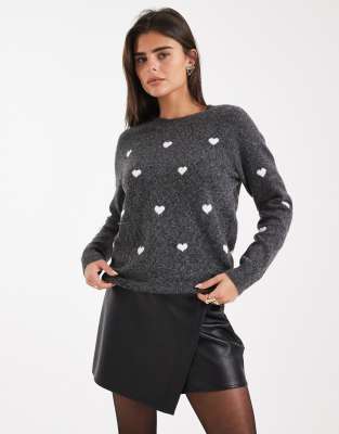Vero Moda soft o-neck heart print jumper in dark grey melange | ASOS