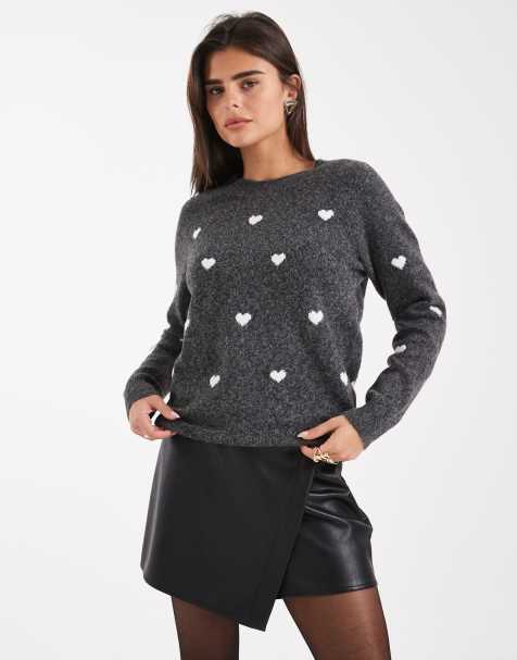Vero Moda soft o-neck heart print jumper in dark grey melange - view 1