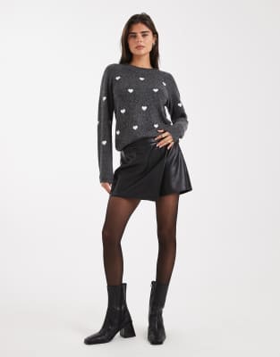Vero Moda Soft O-neck Heart Print Sweater In Gray