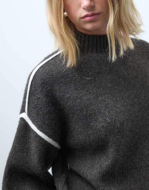 Vero Moda soft o-neck jumper with contrast piping in chocolate brown, 2 of 4