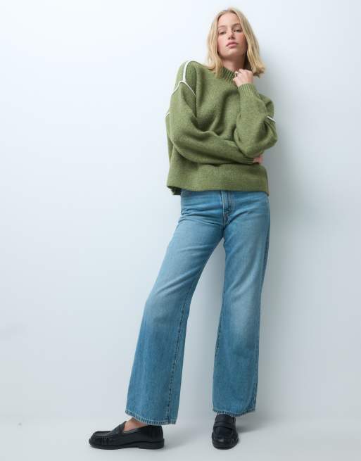 Vero Moda soft o-neck jumper with contrast piping in moss green, 3 of 4