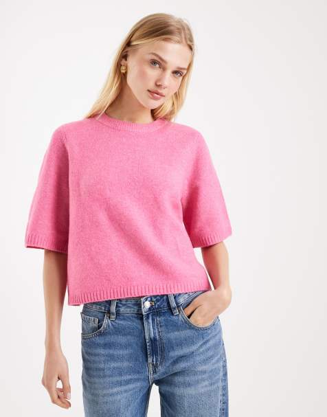 Vero Moda soft o-neck oversized boxy knitted t-shirt in cosmos pink