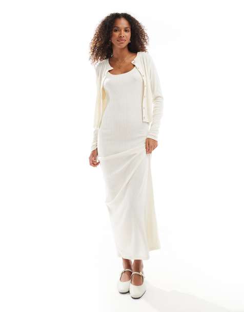 Vero Moda soft ribbed cami ankle dress co-ord in cream melange - view 1