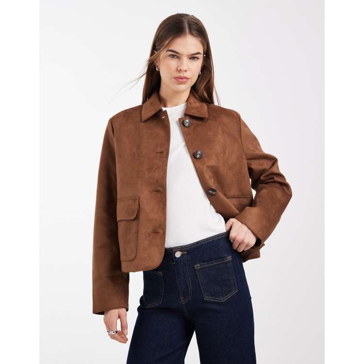 Vero Moda soft stretch faux suede short jacket in cognac | ASOS