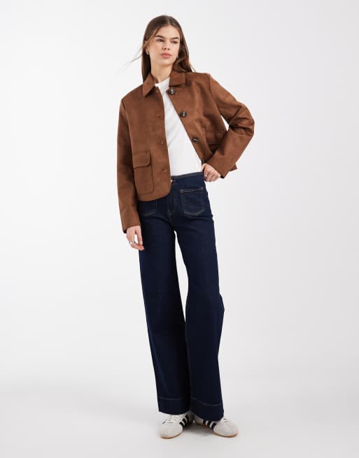 Vero Moda soft stretch faux suede short jacket in cognac, 3 of 4