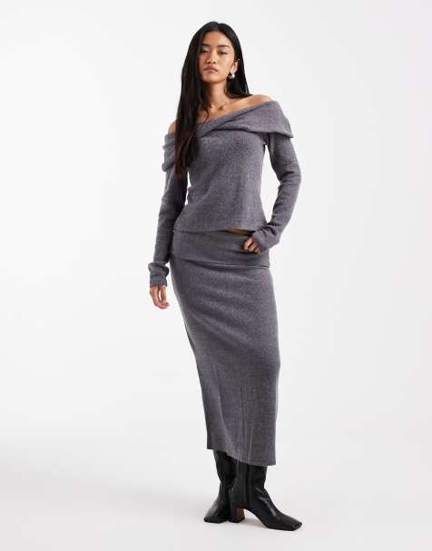 Vero Moda soft touch folded waistband midi skirt in gray melange - part of a set - view 1