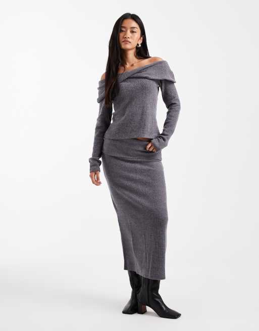 Vero Moda soft touch off-shoulder long sleeve top and folded waistband midi skirt set in gray melange, 3 of 3