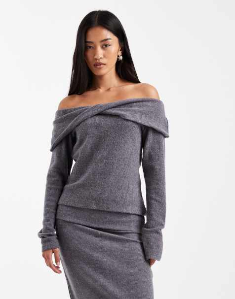 Vero Moda soft touch off shoulder long sleeve top co-ord in grey melange - view 1