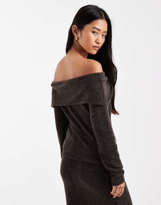 Vero Moda soft touch off shoulder long sleeve top in chocolate melange - part of a set, 4 of 4