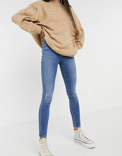 Vero Moda – Sophia – Mellanblå skinny jeans med hög midja och slitna detaljer