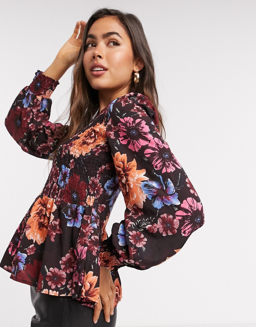Vero Moda - Sort blomstret rynket bluse med peplum-Multifarvet