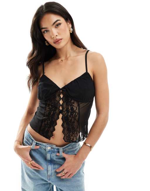 Vero Moda - Sort camisol i mesh med blonder og bindebånd foran