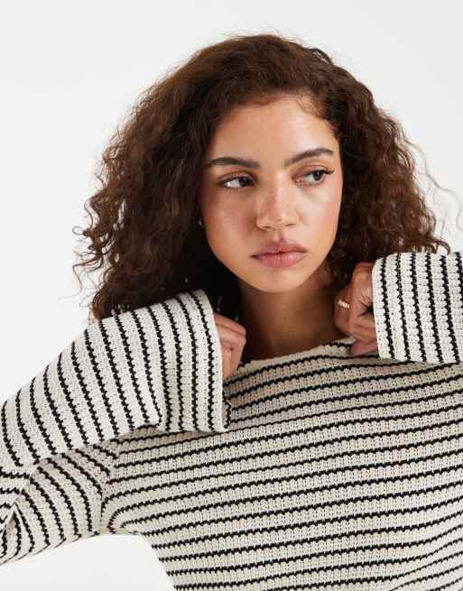 Vero Moda - Sort og cremehvid hæklet strikket minikjole med stretch, klokkeærmer og striber, 3 af 4