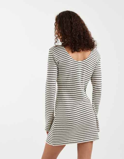 Vero Moda - Sort og cremehvid hæklet strikket minikjole med stretch, klokkeærmer og striber, 4 af 4