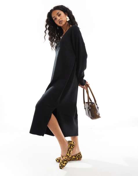 Vero Moda - Sort strikket midikjole med V-hals og oversized pasform - view 1