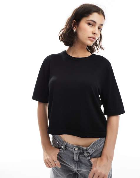 Vero Moda - Sort strikket T-shirt i firkantet pasform - view 1