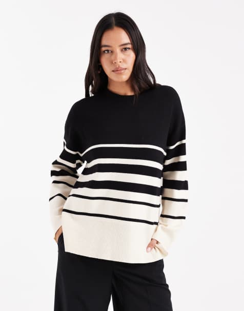 Vero Moda - Sort striktrøje med rund hals og cremehvide striber i forskellige størrelser - view 1