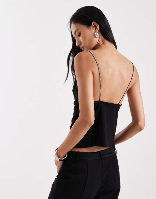 Vero Moda - Sort tætsiddende cami-top med stropper med rhinsten i jersey, 3 af 4