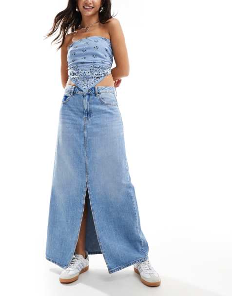 Vero Moda split front denim midi skirt with washed pocket detail in medium blue - view 1
