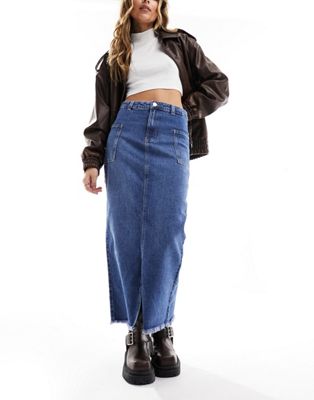 Vero Moda split front maxi skirt with side pockets in dark blue denim ...