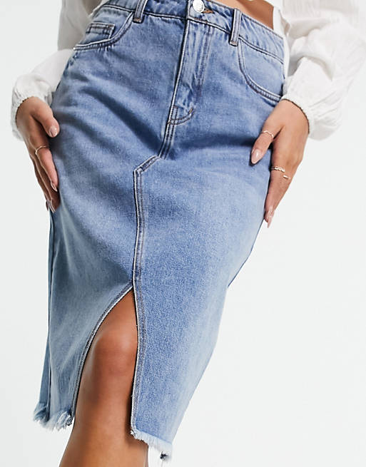  Vero Moda split front midi denim skirt in light blue wash 
