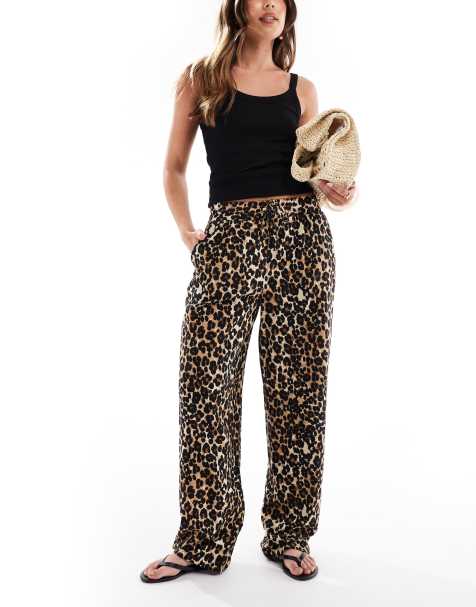 Vero Moda linen touch wide leg trousers in leopard print 