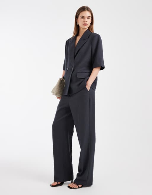 Vero Moda – Ciemnoszary melanżowy zestaw: marynarka oversize z krótkimi rękawami i spodnie z szerokimi nogawkami, 3 z 3