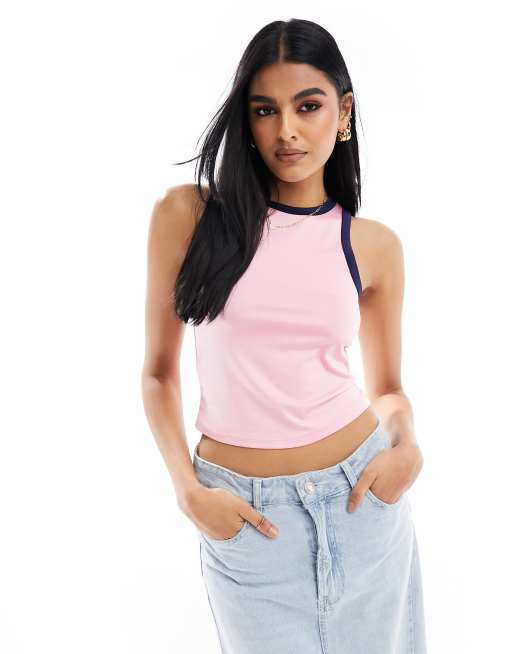 Contrast Trim Cropped Halter Tank Top