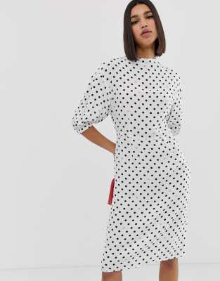 vero moda polka dot midi dress with volume sleeve