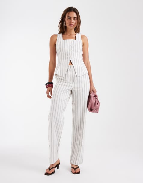 Vero Moda square neck asymmetric placket waistcoat and straight leg trousers set in cream and blue stripe - view 1