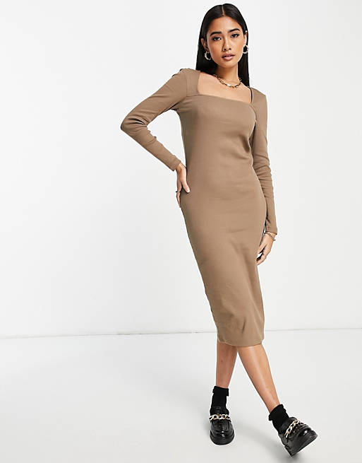 Dresses Vero Moda square neck bodycon midi dress in light brown 