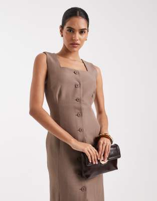 Vero Moda Square Neck Button Front Tailored Midi Dress In Neutral