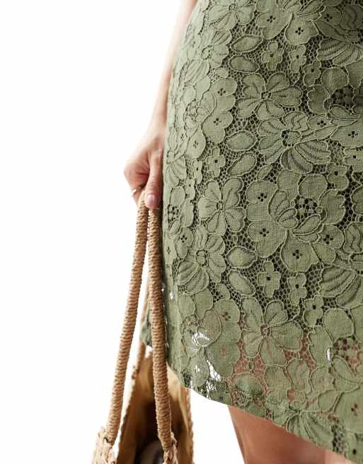 Vero Moda Square Neck Lace Cami Mini Dress in Olive Green
