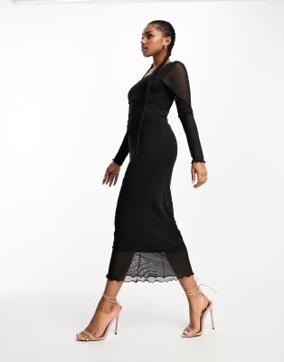 Vero Moda square neck long sleeve mesh midi dress in black